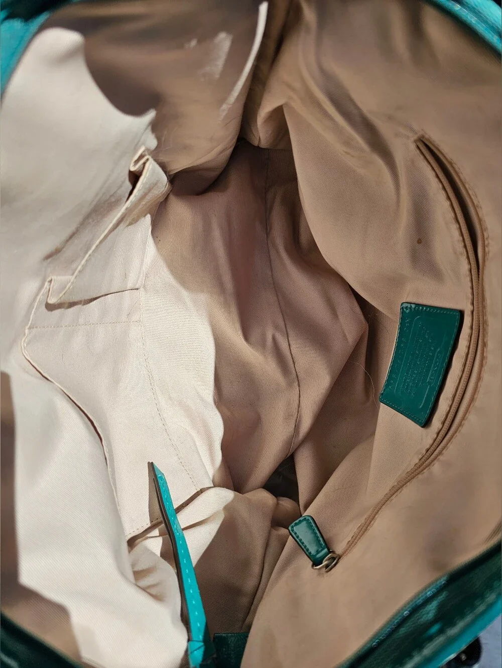 Coach Signature Sateen Teal Patent Leather Satchel Crossbody Bag